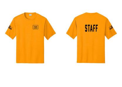 NYC Factory Custom Logo Staff Performance T-Shirt (Classic) - Your Logo + Back + US Flag Sleeve - Gold