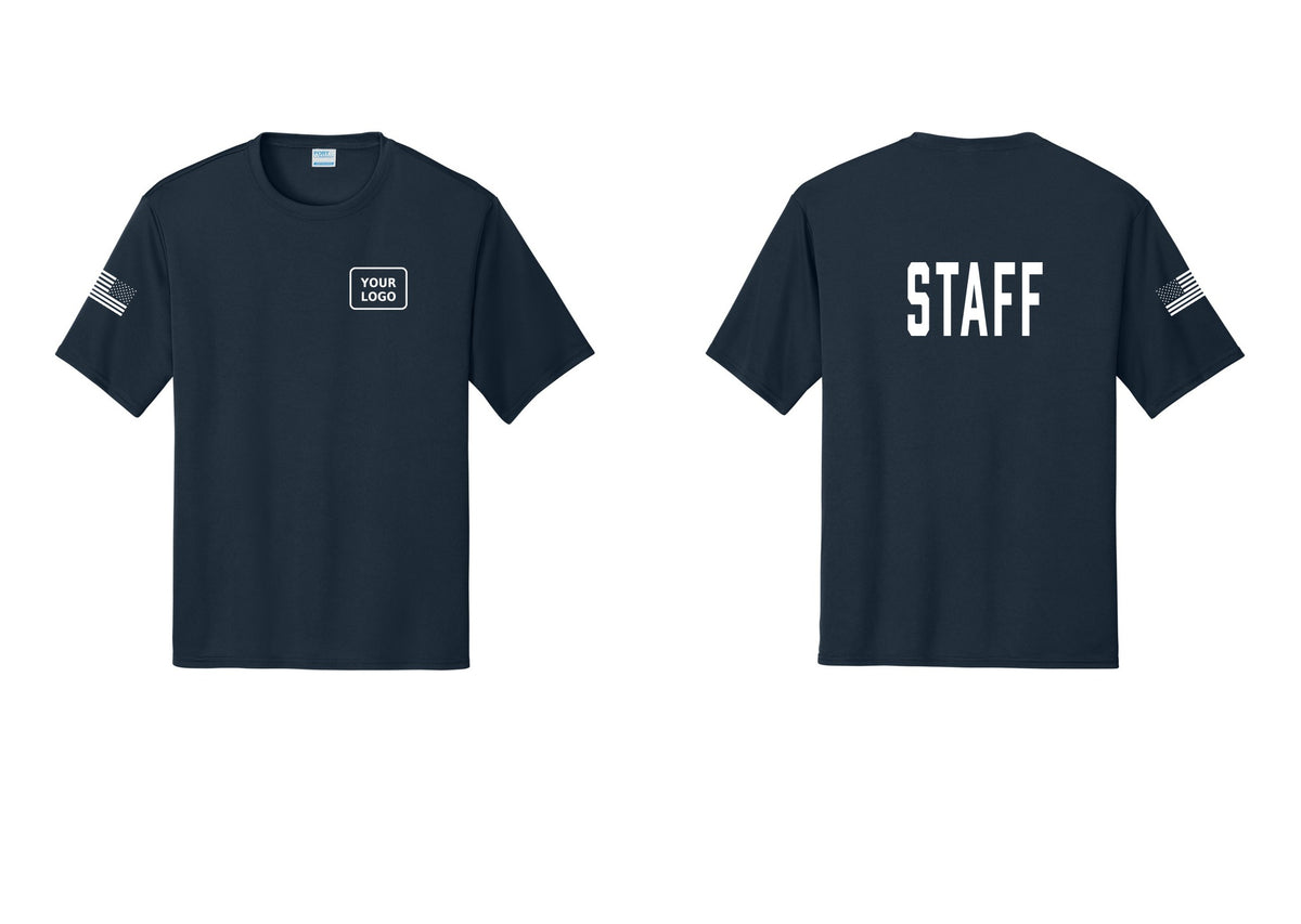 NYC Factory Custom Logo Staff Performance T-Shirt (Classic) - Your Logo + Back + US Flag Sleeve - Navy