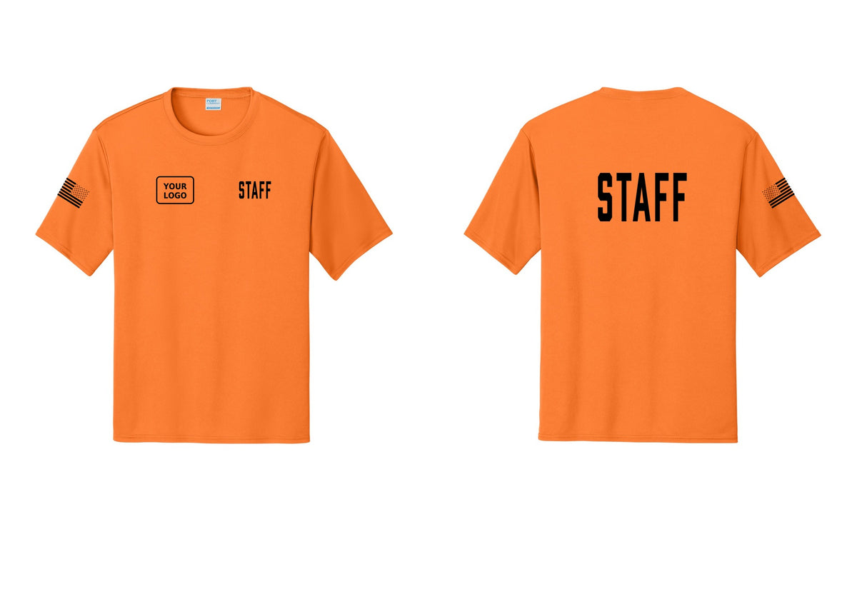 NYC Factory Custom Logo Staff Performance T-Shirt (Classic) - STAFF + Your Logo + Back + US Flag Sleeve - Neon Orange
