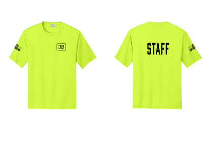 NYC Factory Custom Logo Staff Performance T-Shirt (Classic) - Your Logo + Back + US Flag Sleeve - Neon Yellow