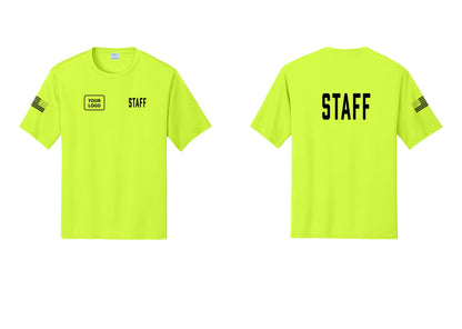 NYC Factory Custom Logo Staff Performance T-Shirt (Classic) - STAFF + Your Logo + Back + US Flag Sleeve - Neon Yellow