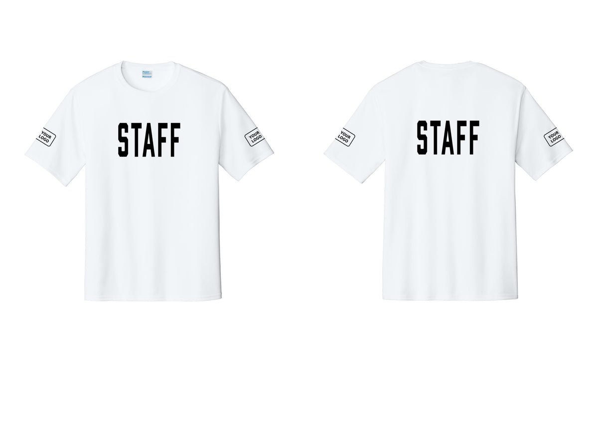 NYC Factory Custom Logo Staff Performance T-Shirt (Classic) - Front + Back + Your Logo Sleeves - White
