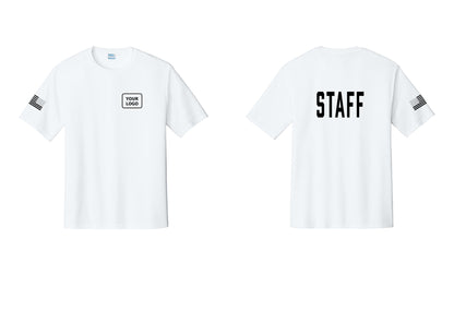 NYC Factory Custom Logo Staff Performance T-Shirt (Classic) - Your Logo + Back + US Flag Sleeve - White