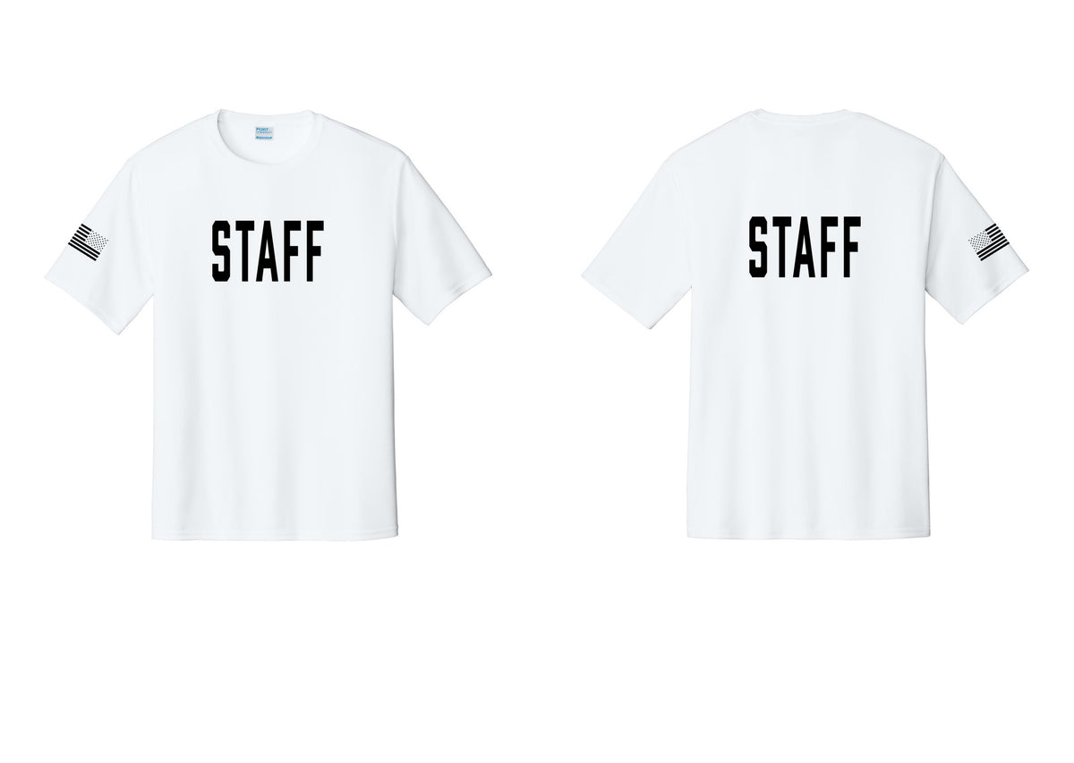 NYC Factory Staff Performance T-Shirt (Classic) - Front + Back + US Flag Sleeve - White