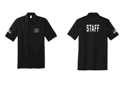 NYC Factory Custom Logo Staff Polo Shirt (Classic) - Your Logo + Back + US Flag Sleeve - Black