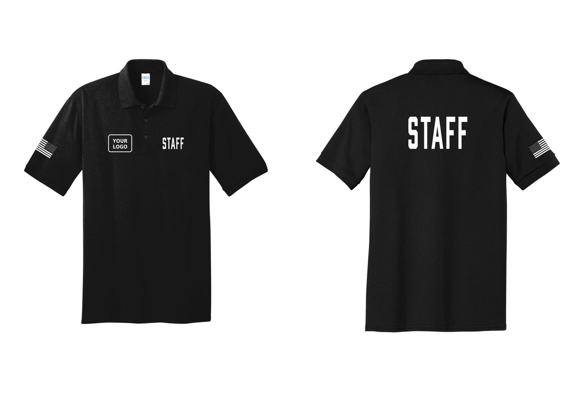 NYC Factory Custom Logo Staff Polo Shirt (Classic) - STAFF + Your Logo + Back + US Flag Sleeve - Black