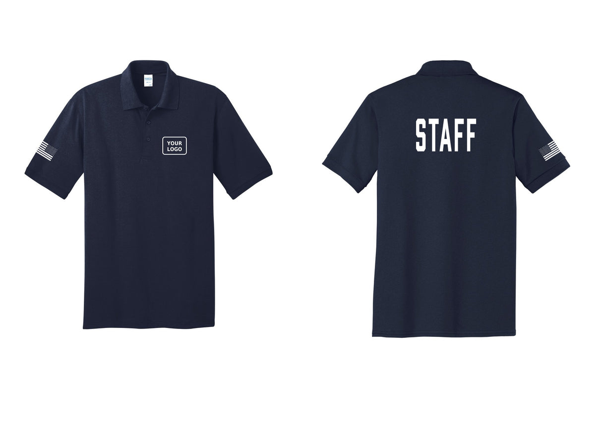 NYC Factory Custom Logo Staff Polo Shirt (Classic) - Your Logo + Back + US Flag Sleeve - Navy