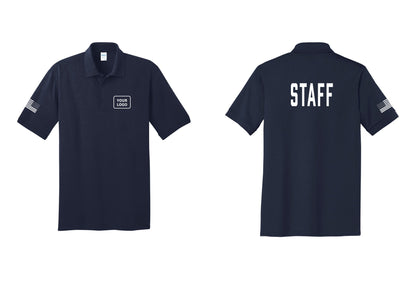 NYC Factory Custom Logo Staff Polo Shirt (Classic) - Your Logo + Back + US Flag Sleeve - Navy