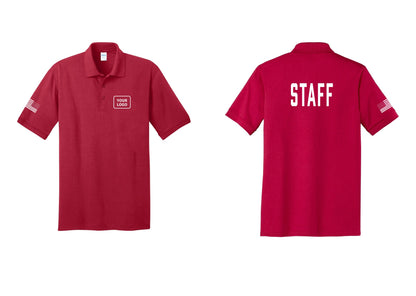 NYC Factory Custom Logo Staff Polo Shirt (Classic) - Your Logo + Back + US Flag Sleeve - Red