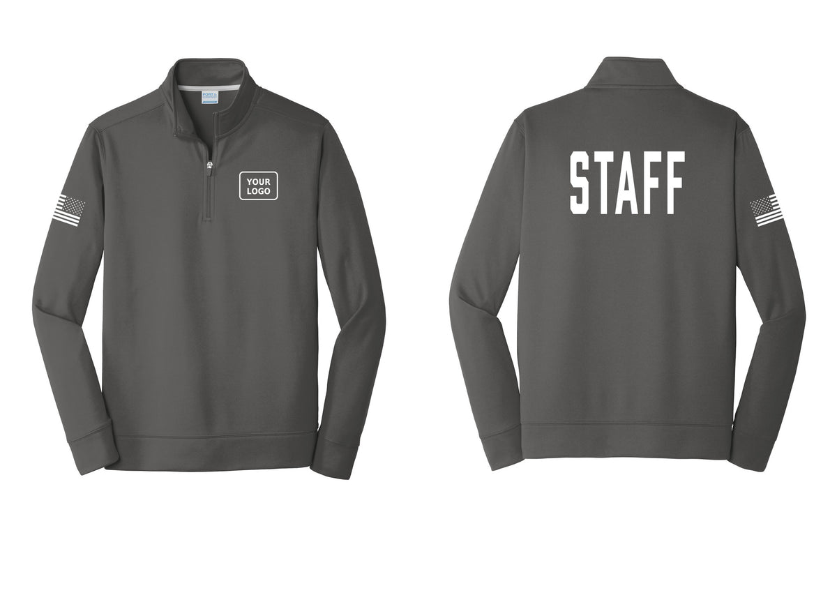 NYC Factory Custom Logo Staff Performance Fleece 1/4-Zip Pullover Sweatshirt (Classic) - Your Logo + Back + US Flag Sleeve - Charcoal