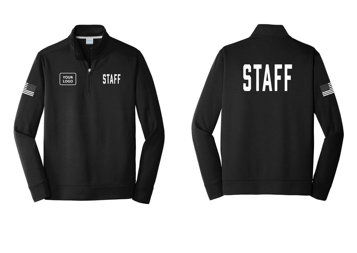 NYC Factory Custom Logo Staff Performance Fleece 1/4-Zip Pullover Sweatshirt (Classic) - STAFF + Your Logo + Back + US Flag Sleeve - Black