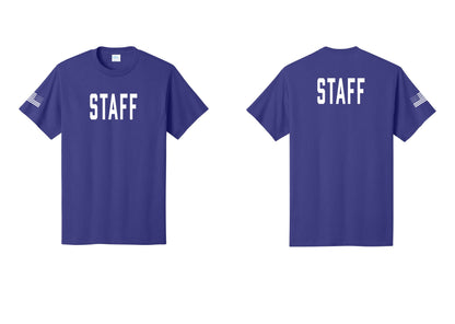 NYC Factory Staff T-Shirt, Condensed Lettering - Front + Back + US Flag Sleeve - Purple