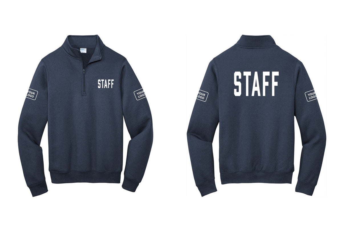 NYC Factory Custom Logo Staff Cotton Fleece 1/4-Zip Pullover Sweatshirt (Classic) - Chest + Back + Your Logo Sleeves - Navy