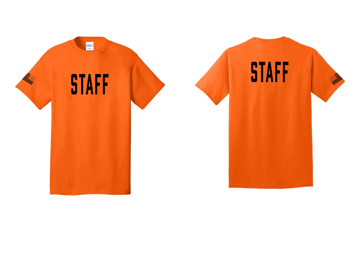 NYC Factory Staff T-Shirt, Condensed Lettering - Front + Back + US Flag Sleeve - Safety Orange