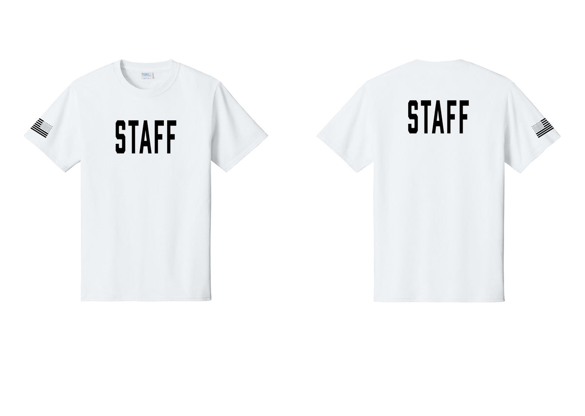 NYC Factory Staff T-Shirt, Condensed Lettering - Front + Back + US Flag Sleeve - White