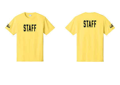 NYC Factory Staff T-Shirt, Condensed Lettering - Front + Back + US Flag Sleeve - Yellow