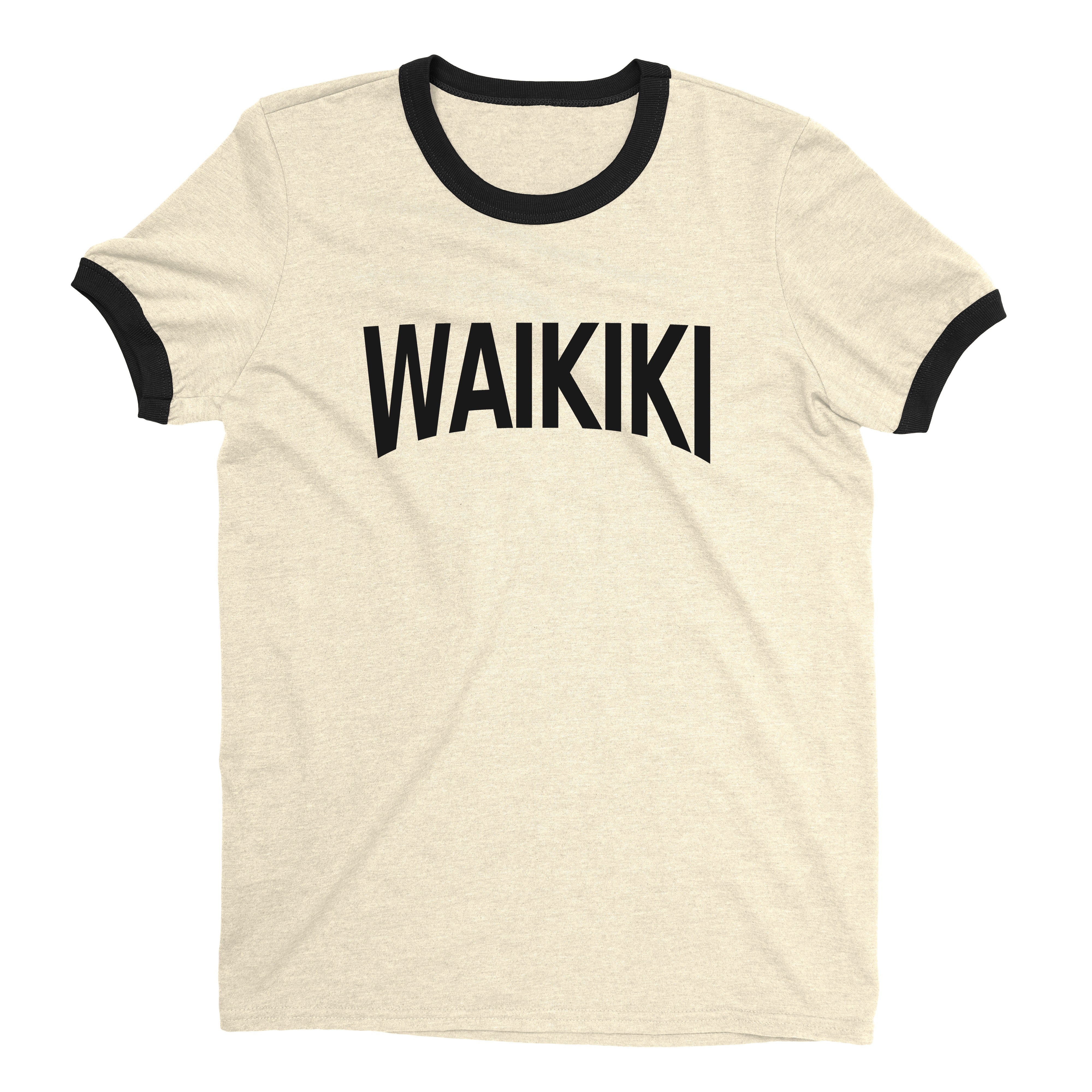 Waikiki Beach Ringer Tee Retro Style Men's T-Shirt - NYC Factory - Natural