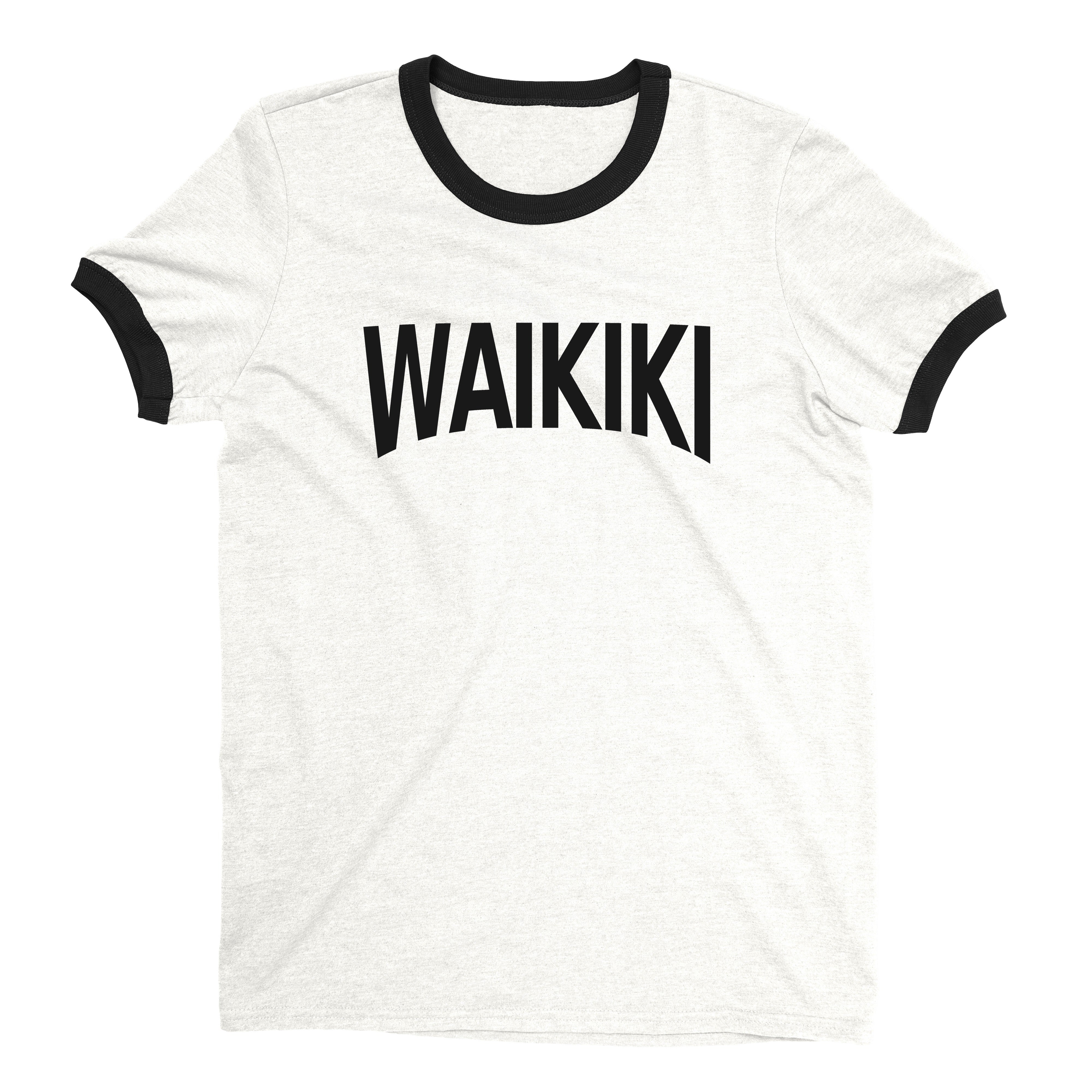 Waikiki Beach Ringer Tee Retro Style Men's T-Shirt - NYC Factory - White