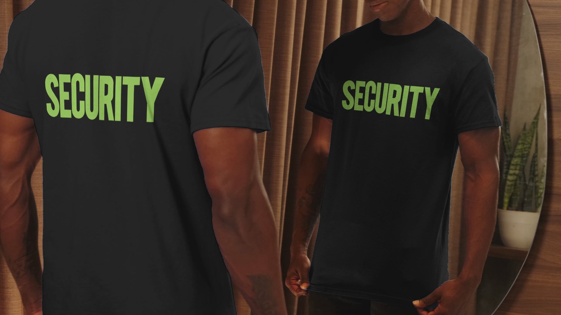 Security T-Shirt Front Back Print Men's Tee (Solid Design, Black / Neon)