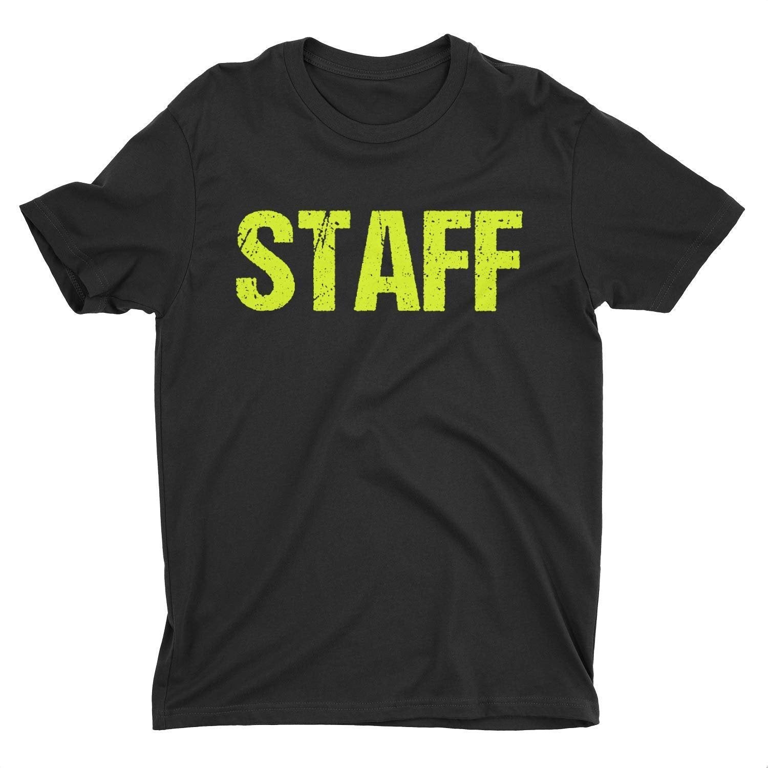 Staff T-Shirt Siebdruck Vorder- und Rückseite Herren Unisex-Stil (Schwarz/Neon, Distressed)