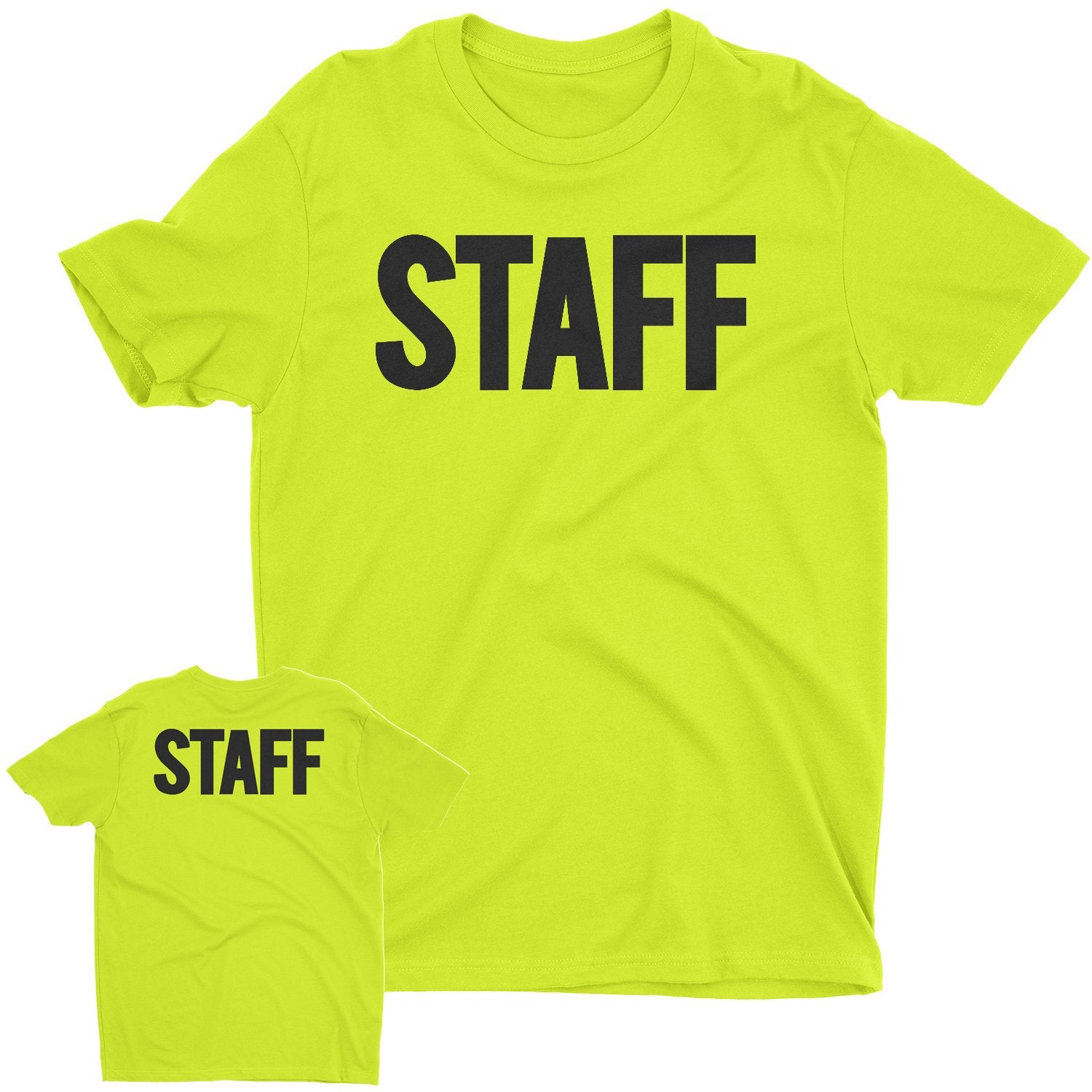 Men's Staff T-Shirt Front Back Screen Print Tee (BB, Safety Green & Black)