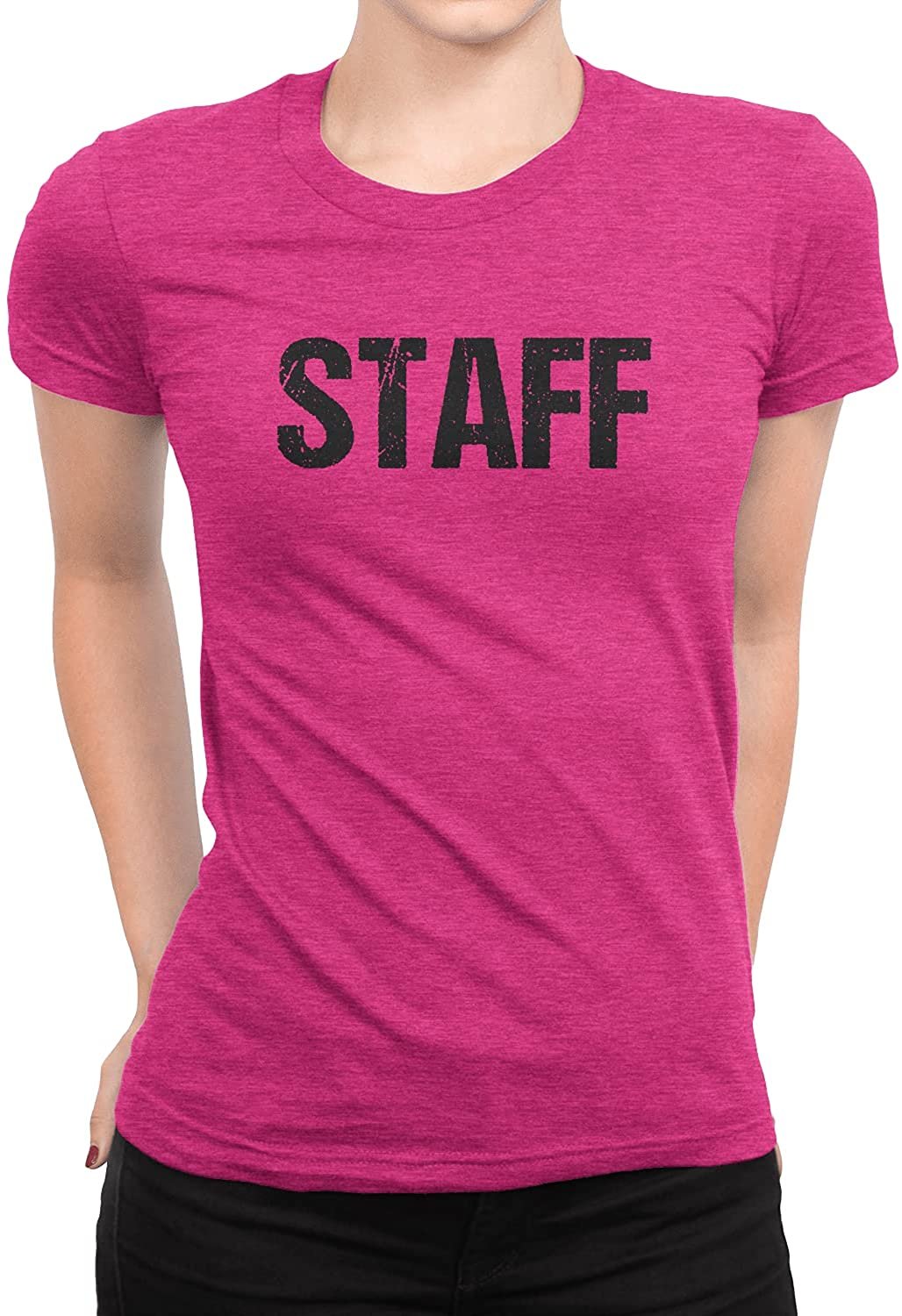 Staff Ladies Short Sleeve T-Shirt (Distressed Design, Heather Pink)