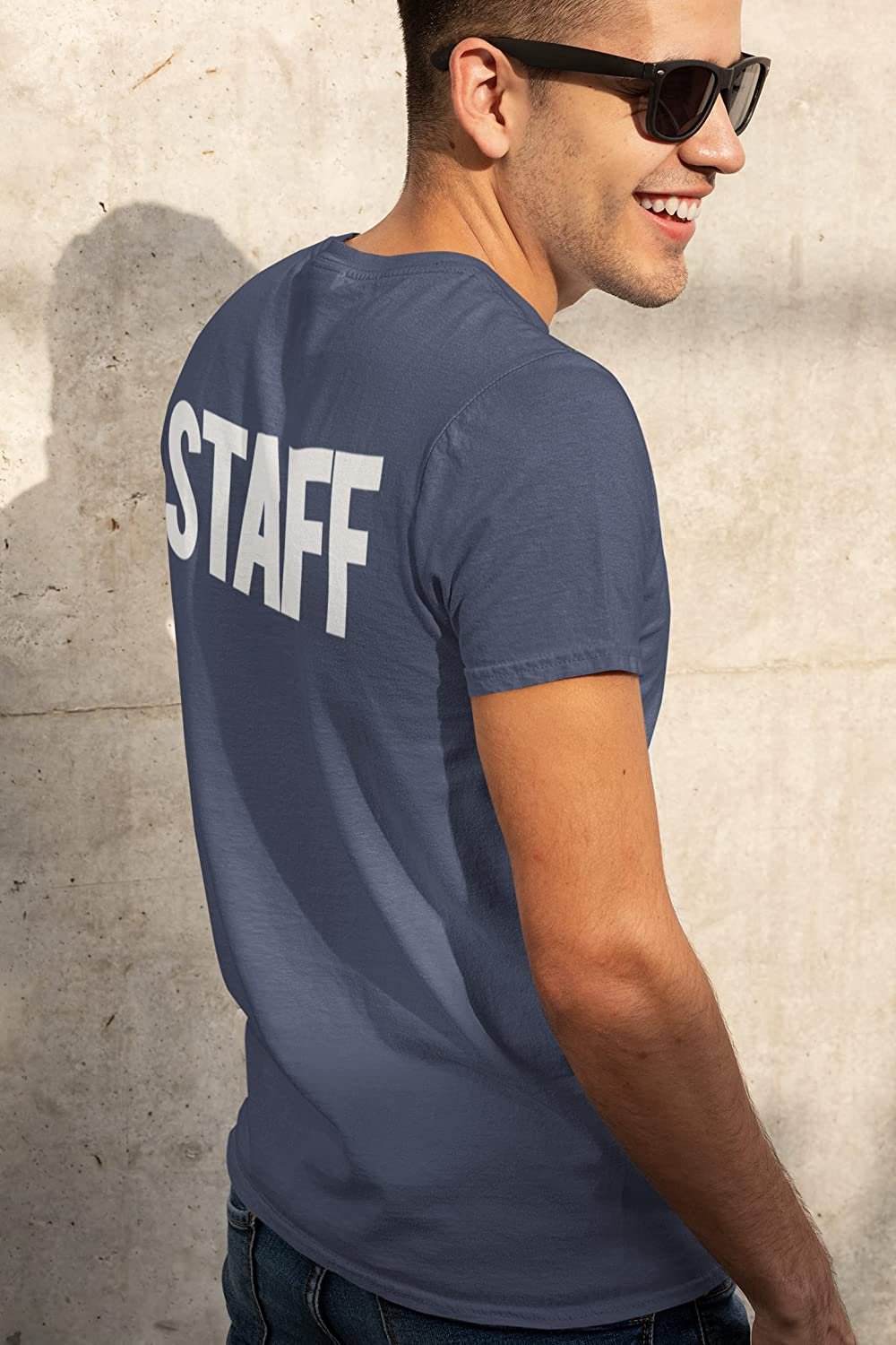 T-shirt sérigraphié Staff pour homme (imprimé poitrine et dos, denim chiné et blanc)