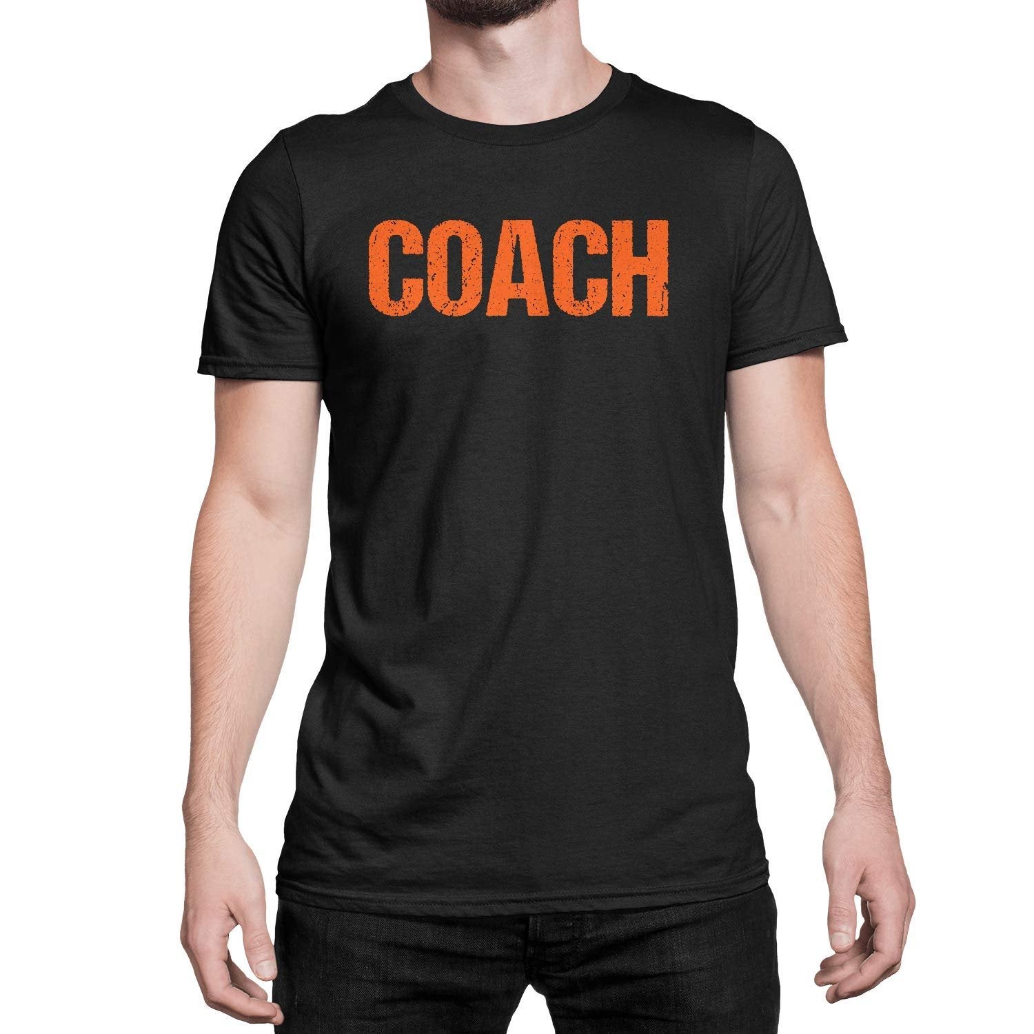 Coach T-Shirt Sports Coaching Tee Shirt (Black & Orange, Distressed)
