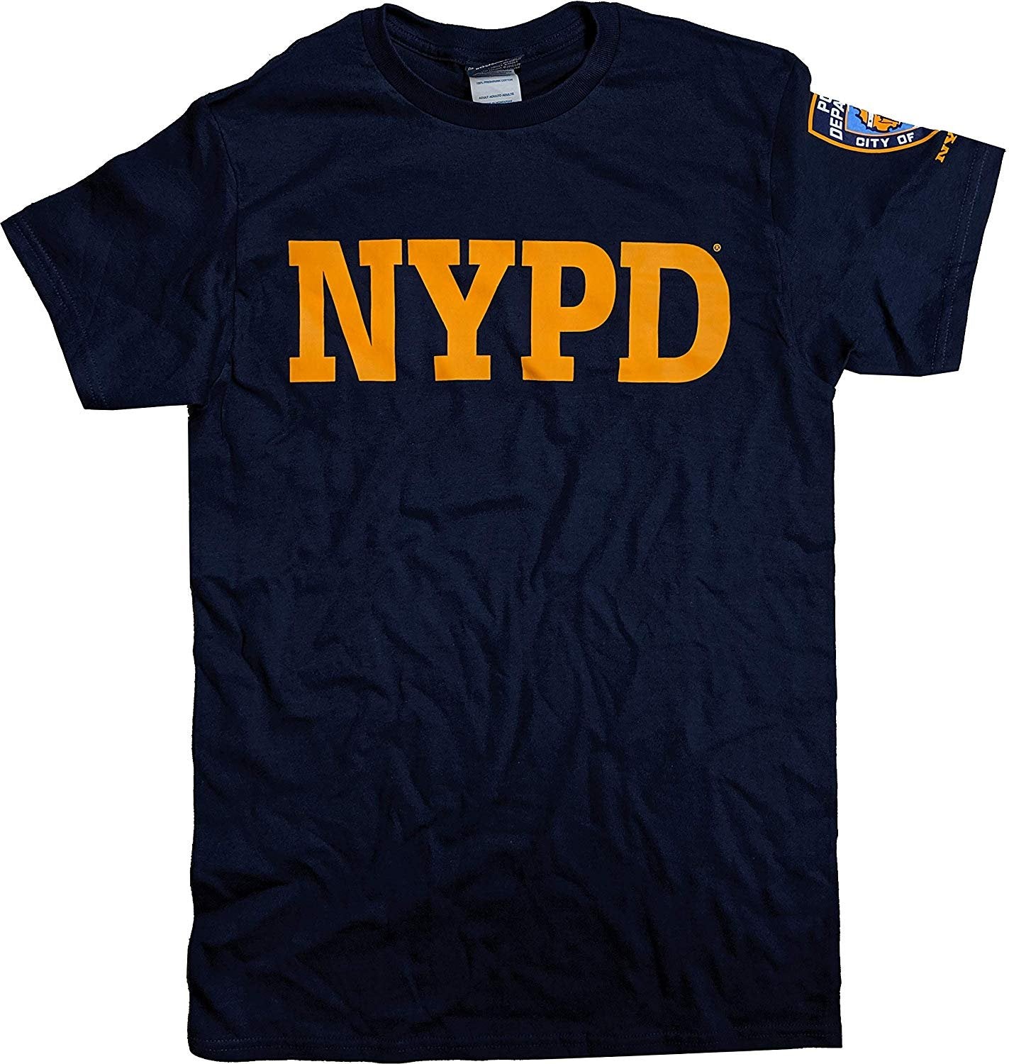 T-shirt NYPD pour hommes (imprimé sur le devant et sur les manches, bleu marine / or)