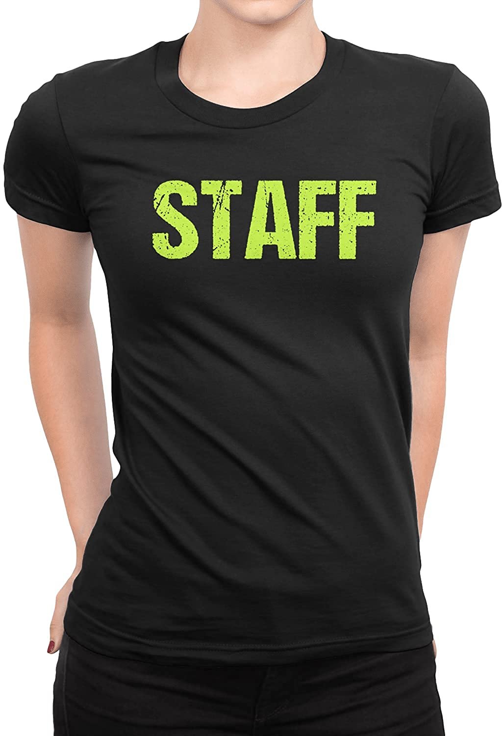 Staff Damen Kurzarm T-Shirt (Distressed Design, Schwarz &amp; Neon)