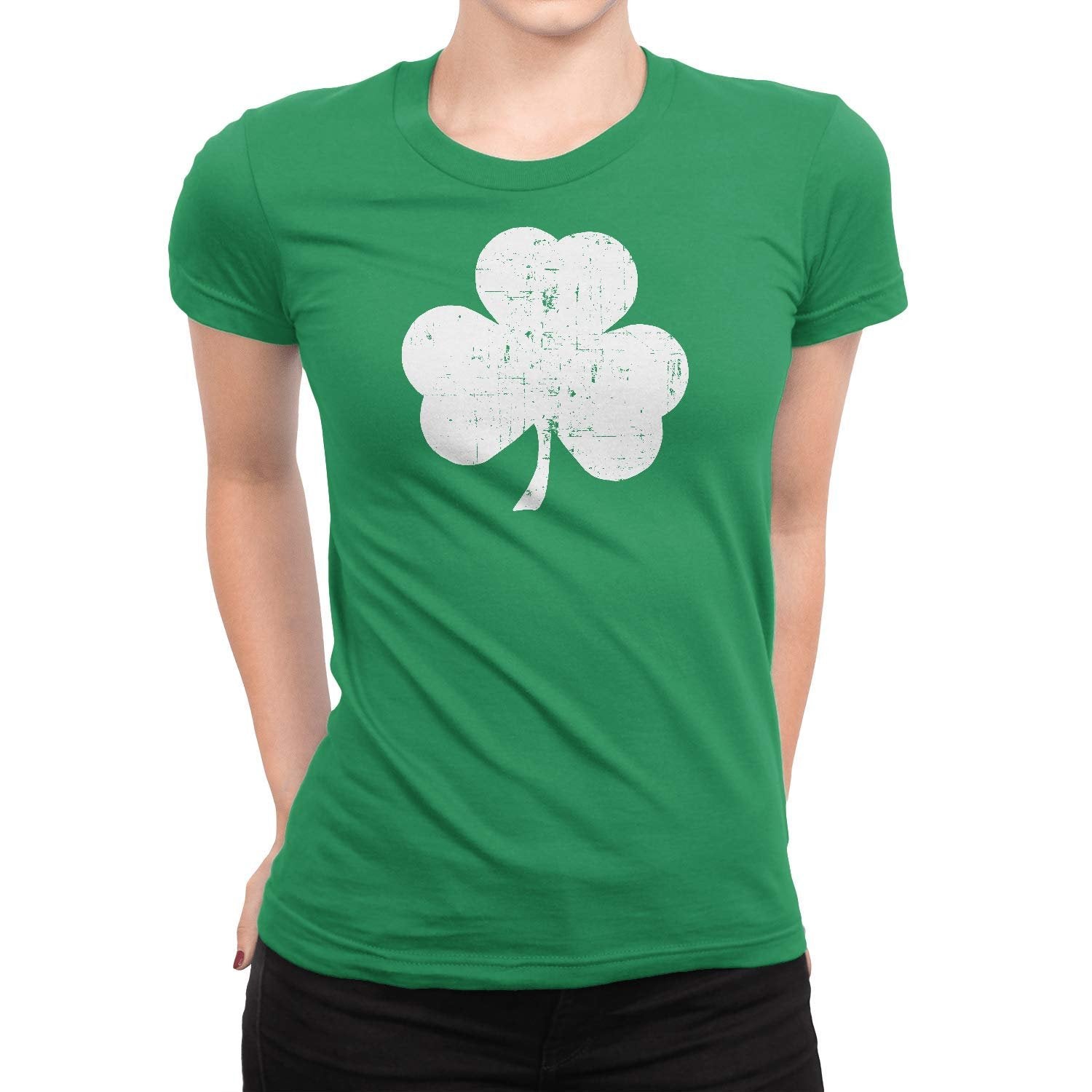 Kleeblatt-T-Shirt Damen (großes Distressed-Design, irisches Grün)
