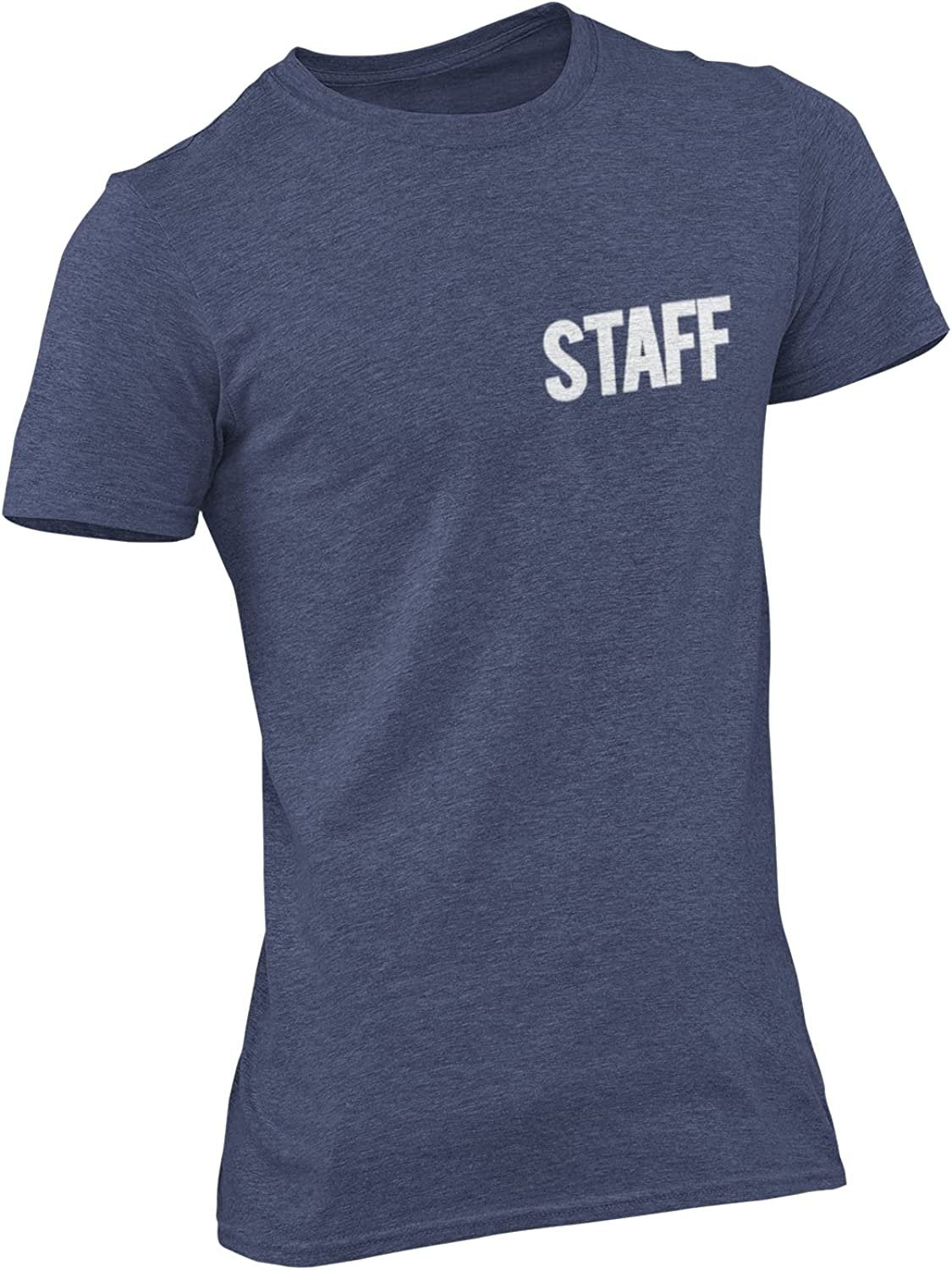 Men's Staff T-Shirt Screen Print Tee (Chest & Back Print, Heather Denim & White)