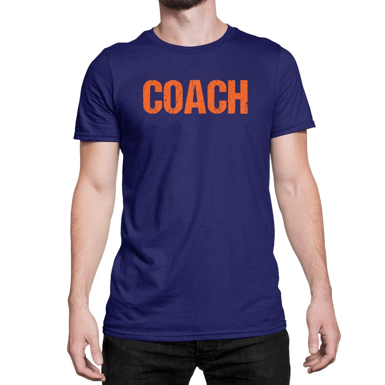 Coach T-Shirt Sports Coaching Tee Shirt (Navy & Orange, Distressed)