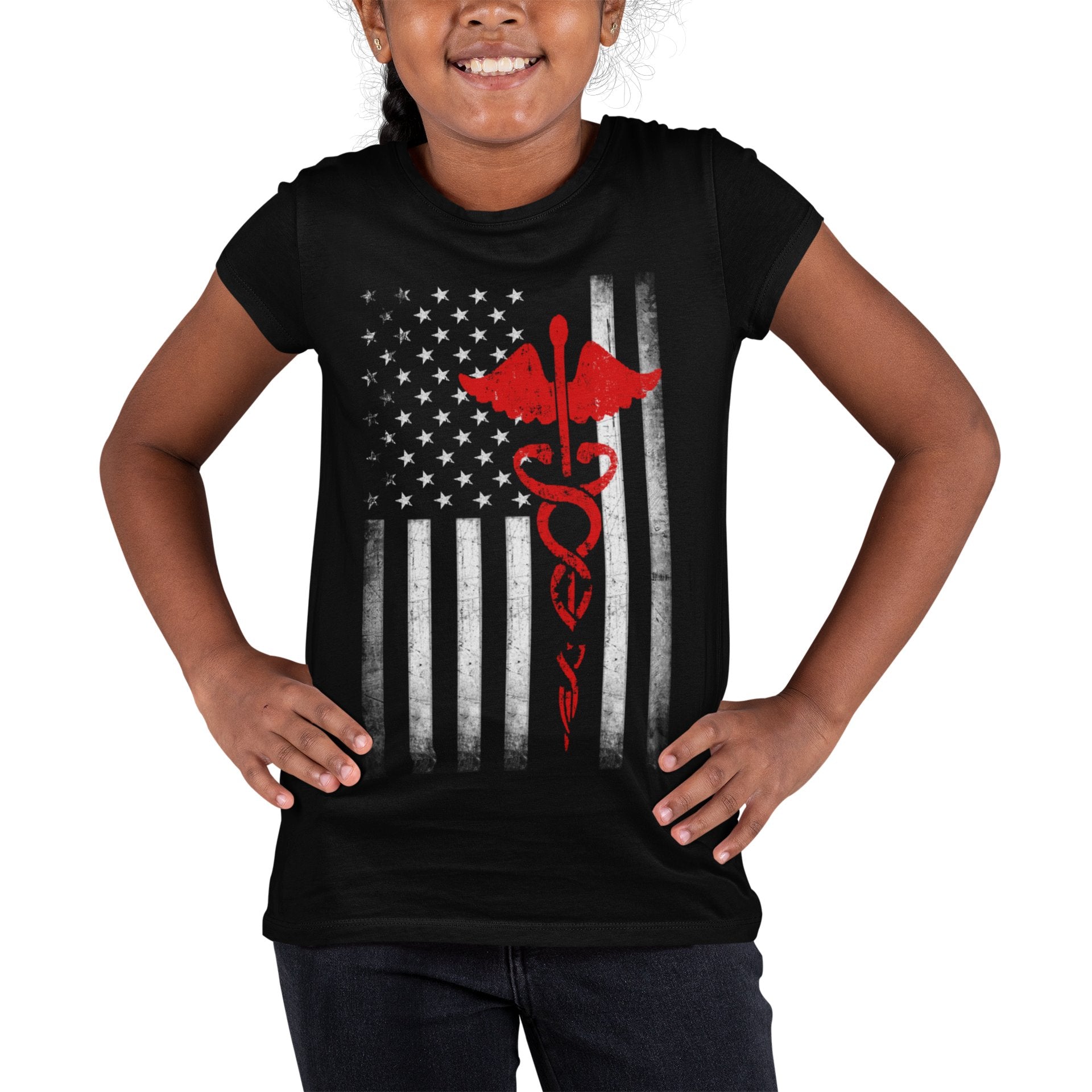 Kinder T-Shirt mit USA-Flagge, rot, Support Our Heroes EMT Nurses Jungen Mädchen Jugend T-Shirt