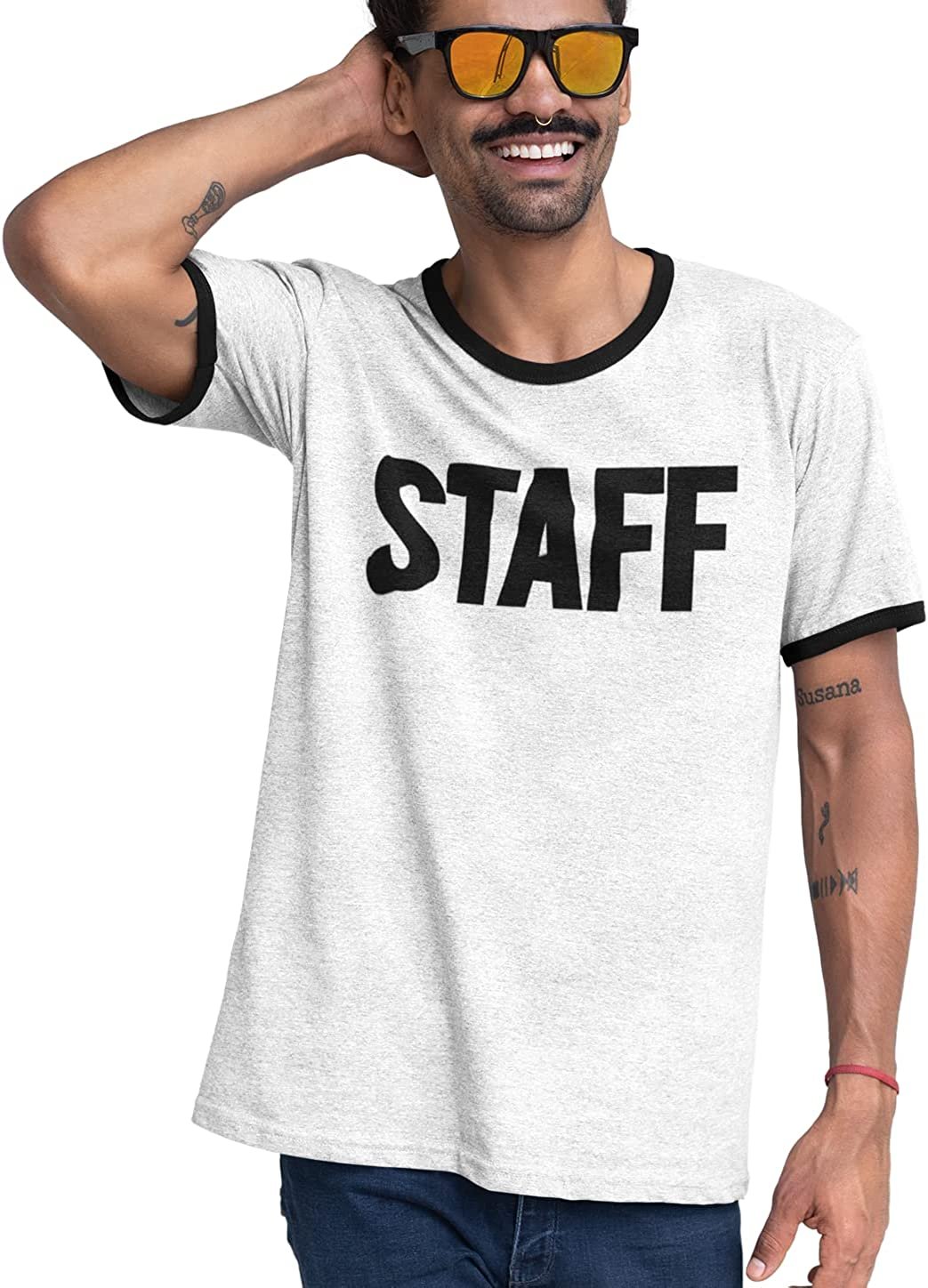 Men's Staff Ringer T-Shirt Front Back Screen Print Tee (BB, White & Black)