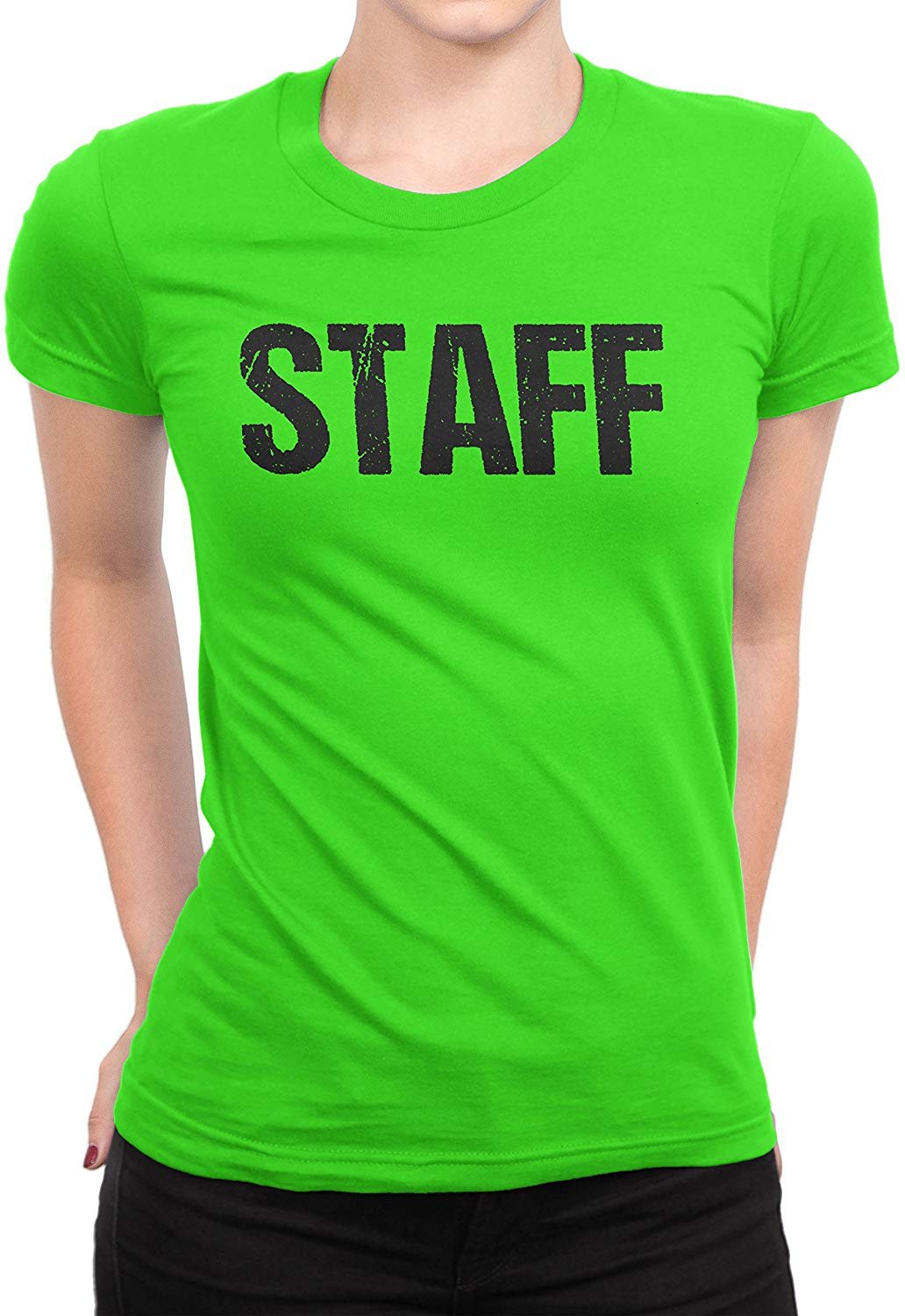 Staff Ladies Short Sleeve T-Shirt (Distressed Design, Neon Green)
