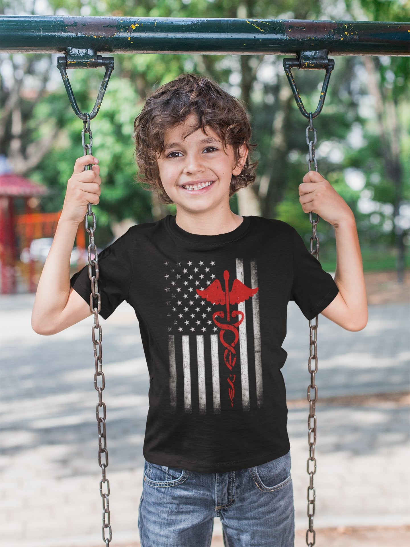 Kids USA Flag Red Tee Support Our Heroes EMT Nurses Boys Girls Youth T-Shirt