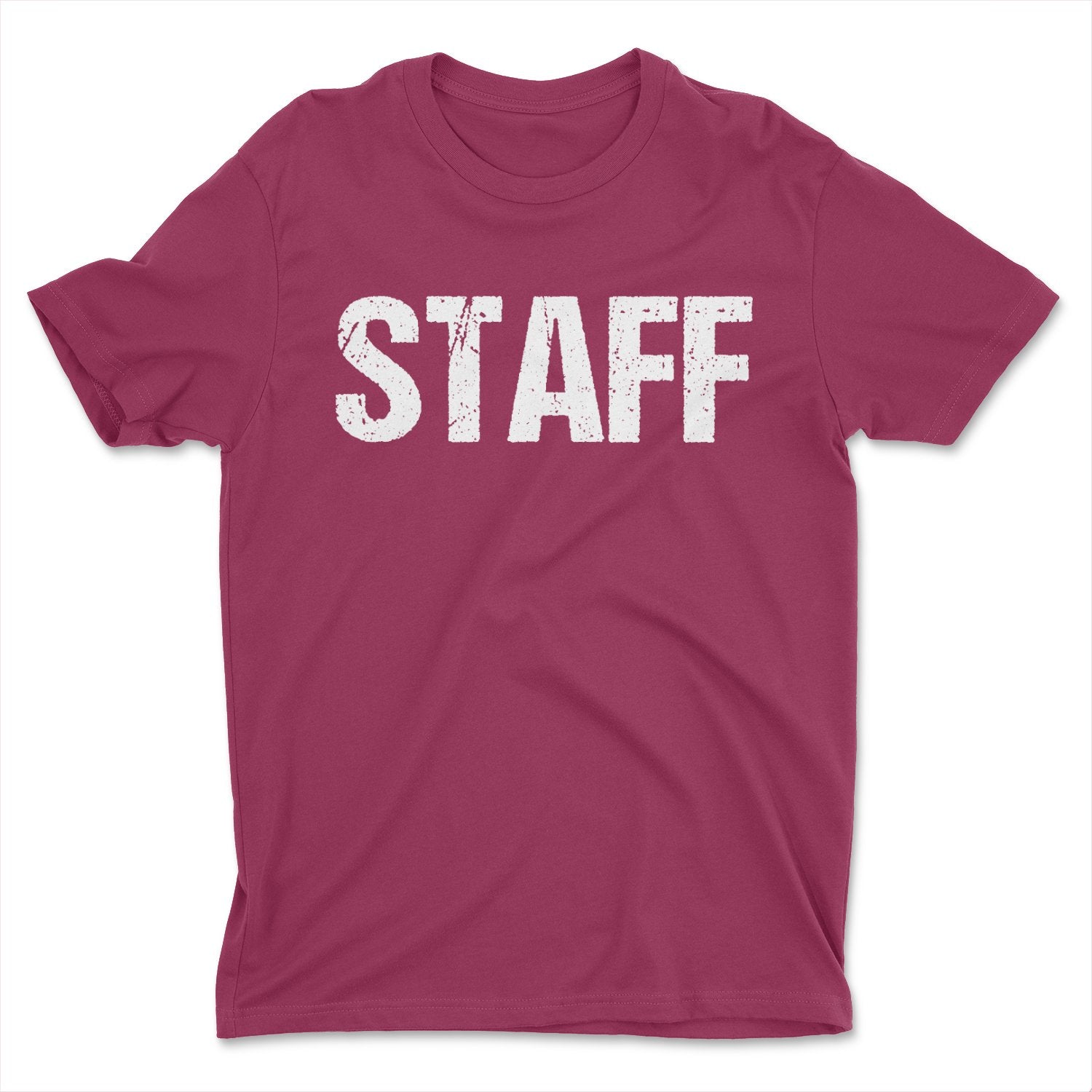 Staff T-Shirt Screen Printed Front & Back Men's Unisex Style (Maroon/White, Distressed)