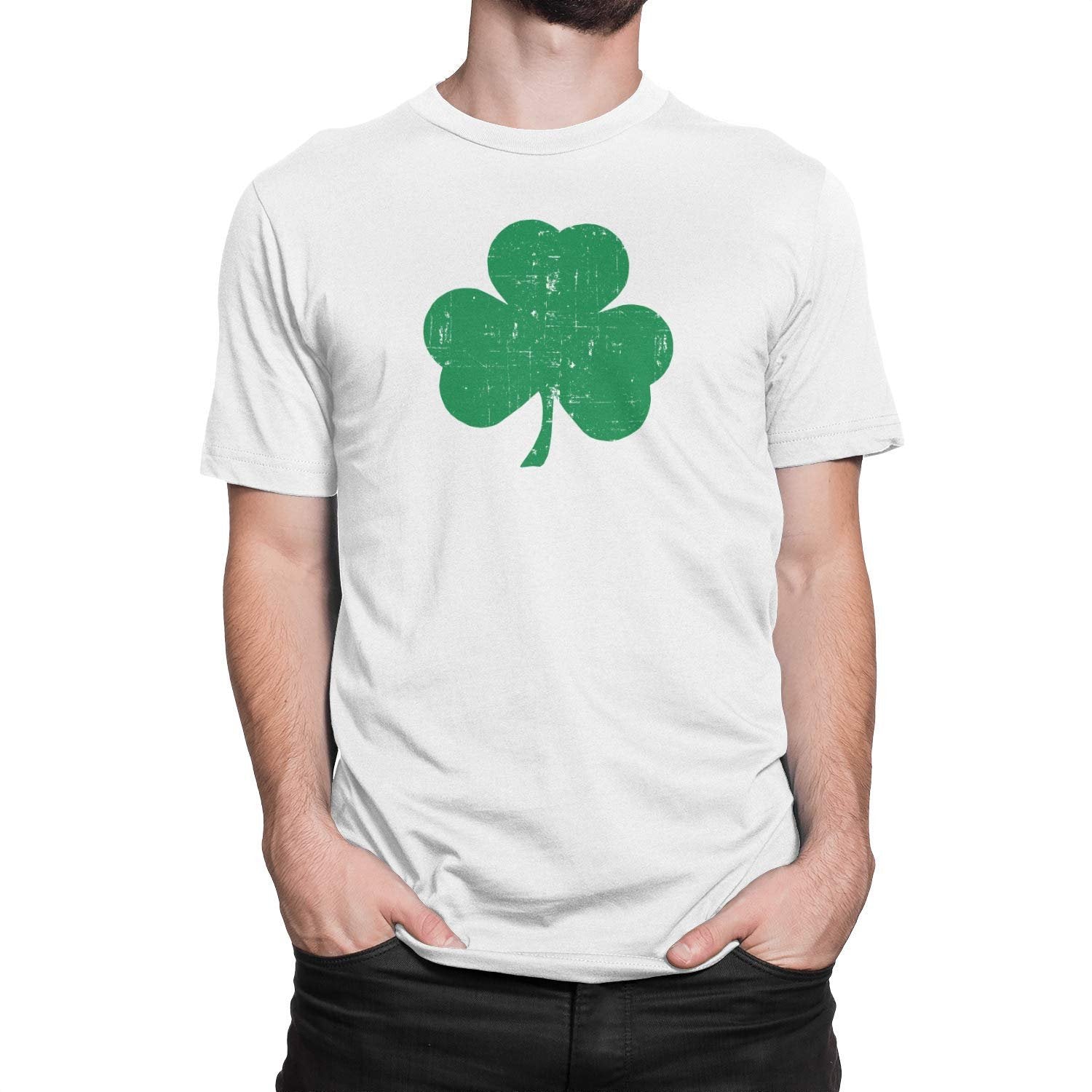 T-shirt Shamrock pour hommes (grand design en détresse, blanc et vert)