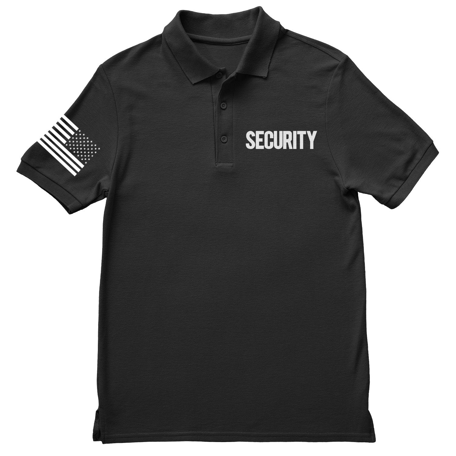 Mens Security Polo Shirt Front Back Print (Solid, USA Flag Sleeve, Black & White)