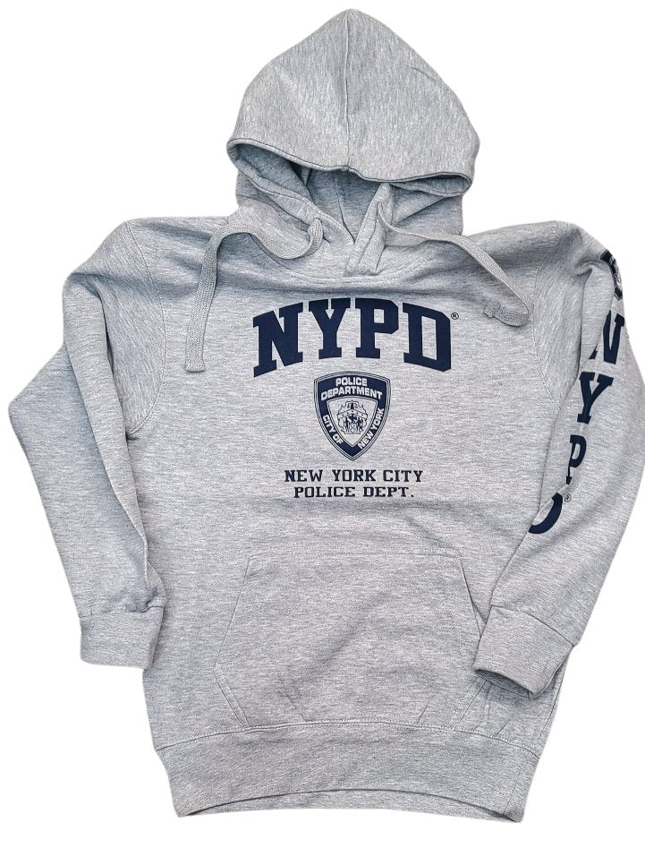 NYPD Mens Hoodie Front & Sleeve Print (Heather Gray & Blue)