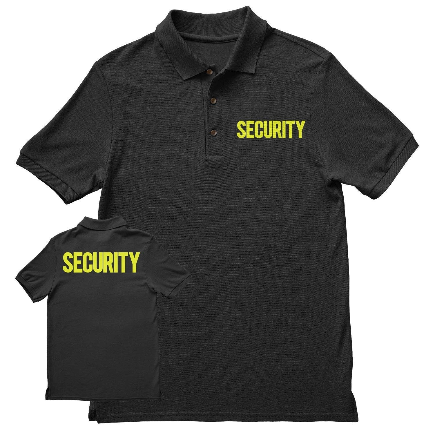 Mens Security Polo Shirt Front Back Print (Solid, Black / Neon)