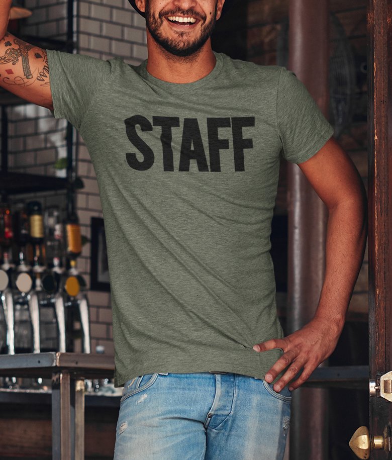 Men's Staff T-Shirt Front Back Screen Print Tee (BB, Heather Military Green)