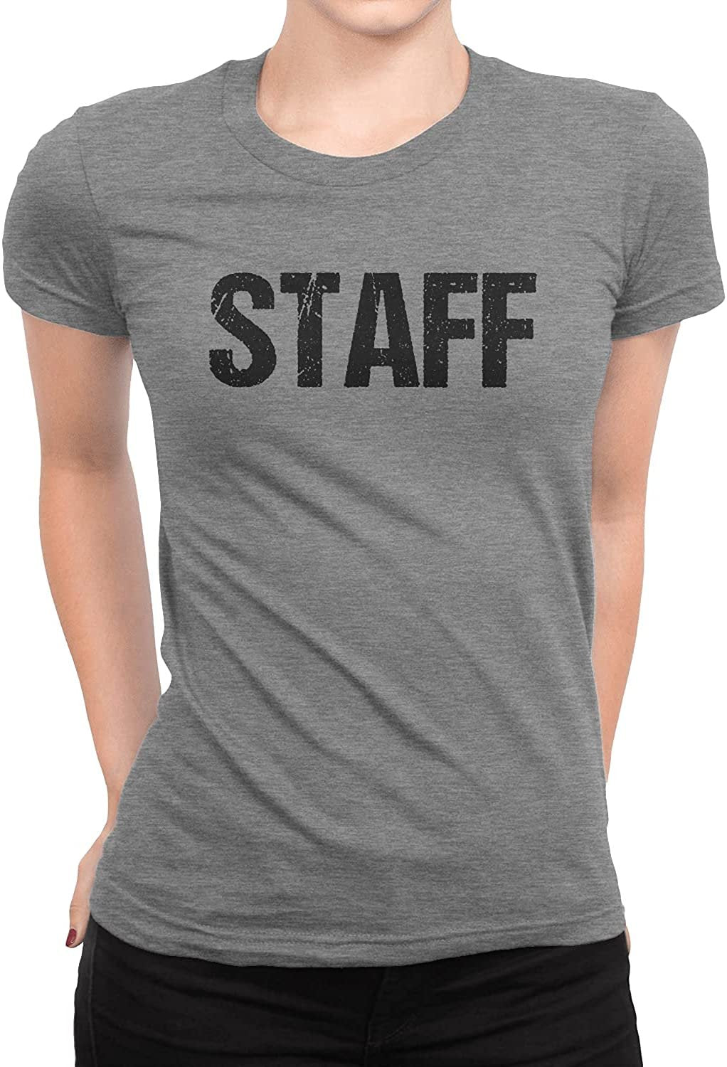 Staff Ladies Short Sleeve T-Shirt (Distressed Design, Heather Gray & Black)