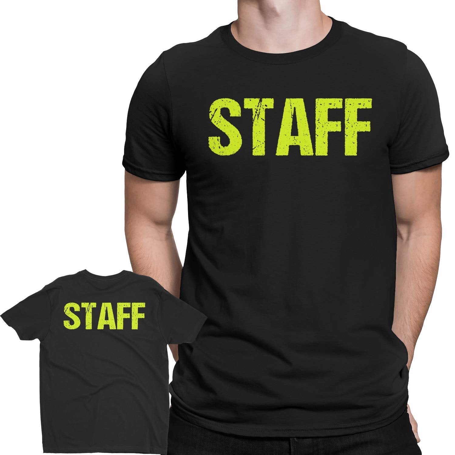 Staff T-Shirt Siebdruck Vorder- und Rückseite Herren Unisex-Stil (Schwarz/Neon, Distressed)