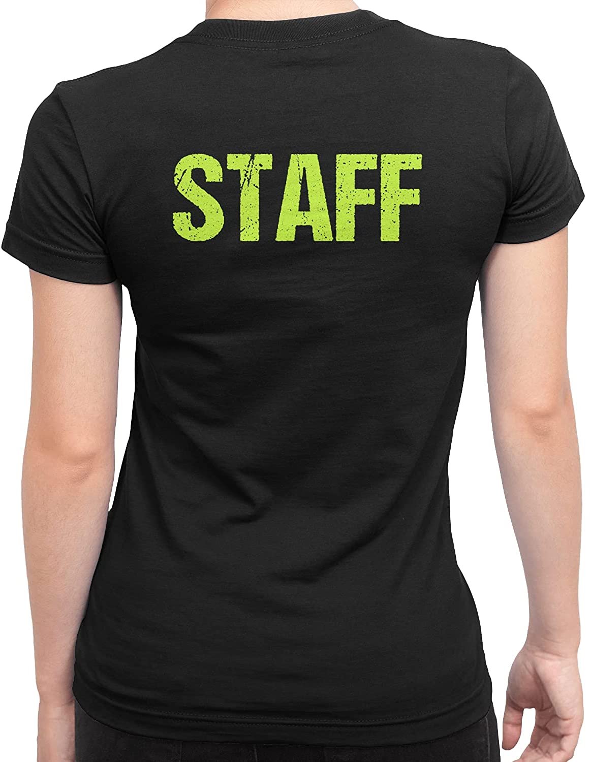 Staff Ladies Short Sleeve T-Shirt (Distressed Design, Black & Neon)