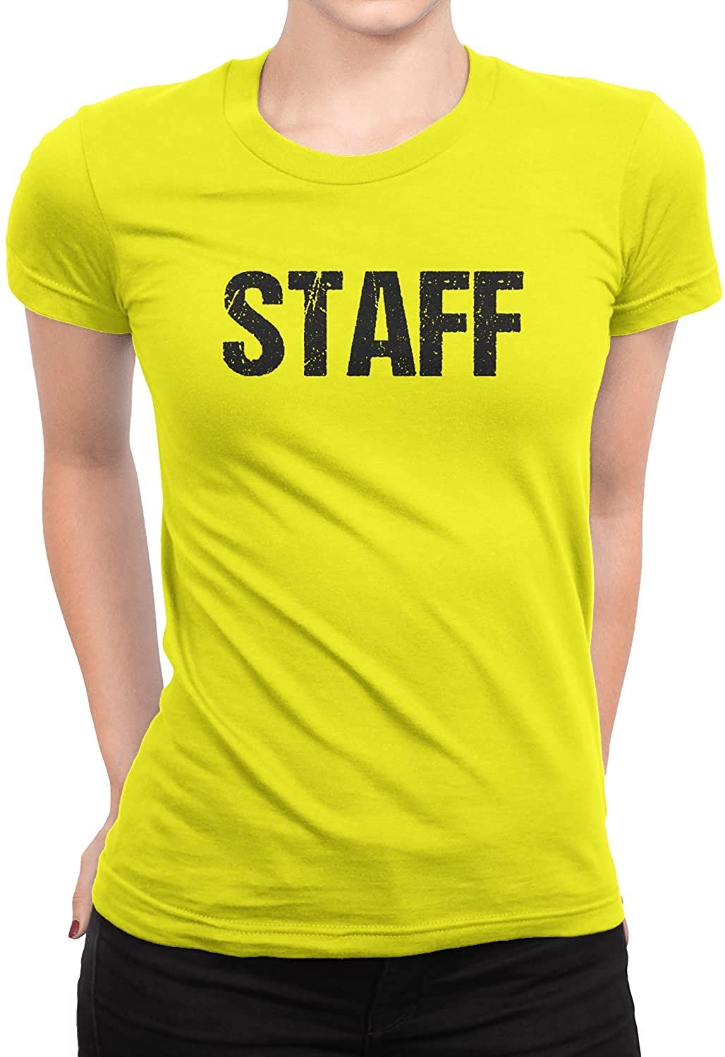 Staff Ladies Short Sleeve T-Shirt (Distressed Design, Safety Green & Black)