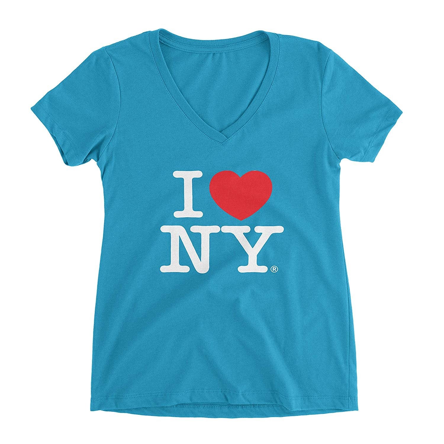 I Love NY Womens V-Neck T-shirt Turquoise Tee Shirt Ladies