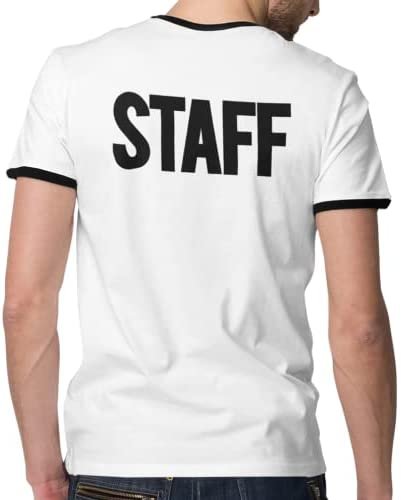 Men's Staff Ringer T-Shirt Front Back Screen Print Tee (BB, White & Black)