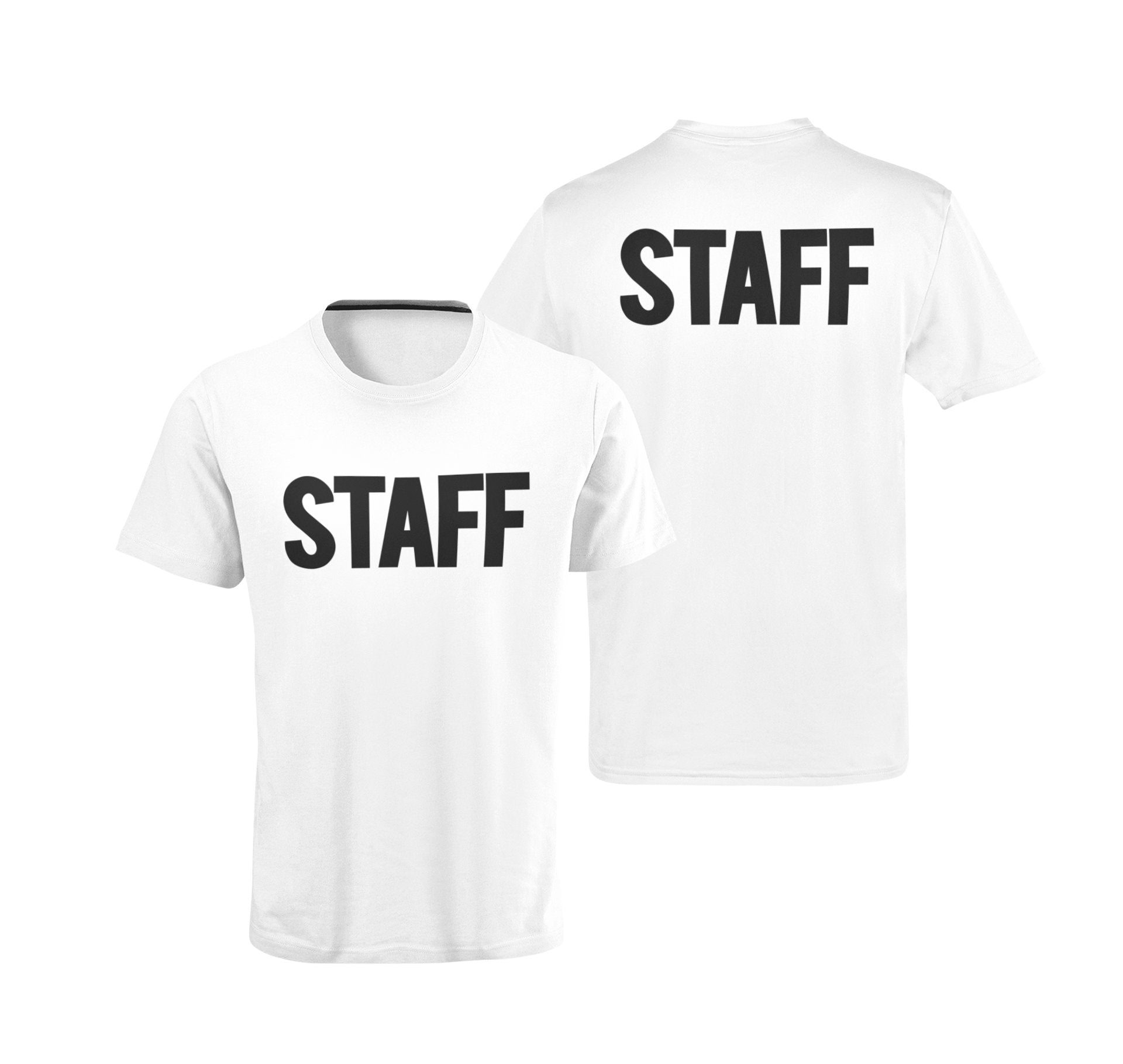Men's Staff T-Shirt Front Back Screen Print Tee (BB, White & Black)